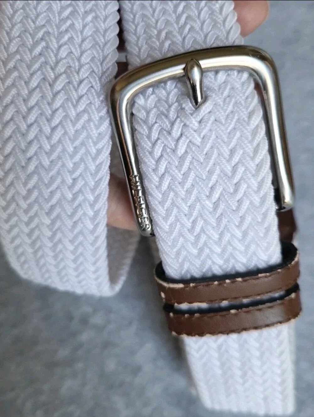 Tommy Hilfiger Belt Mens Small 32-34 White Elastic Canvas Bonded Leather Stretch